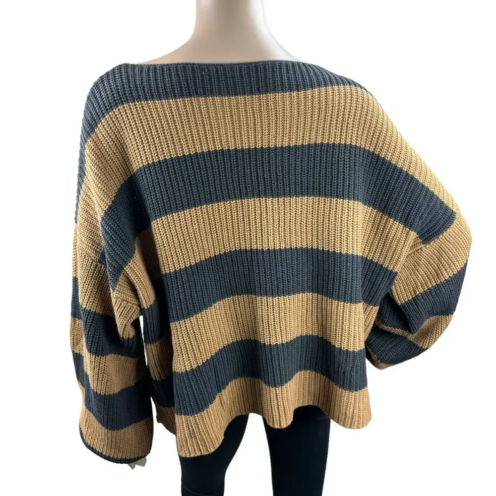 New Fantastic Fawn Women Brown Black Stripes Knitted Pullover Cropped Sweater M - Picture 4 of 5